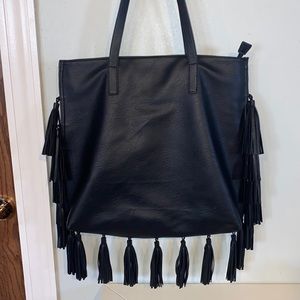 PU Black Leather Large Tassel Tote Bag